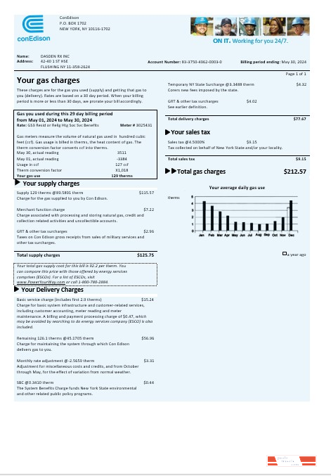 USA Con Edison gas business utility bill template in Word and PDF formats